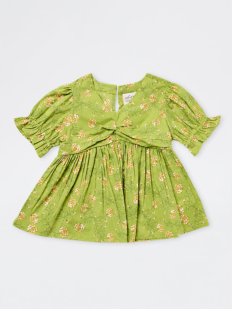 Utsa Kids Girls Green Floral Printed Cotton Top - (8-9 yrs)