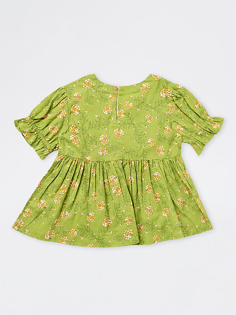 Utsa Kids Girls Green Floral Printed Cotton Top - (8-9 yrs)
