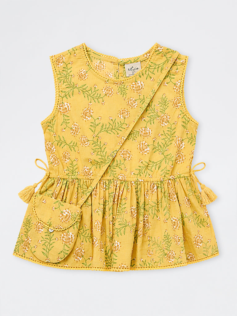 Utsa Kids Girls Yellow Floral Printed Cotton Peplum Top with Bag - (8-14 yrs)