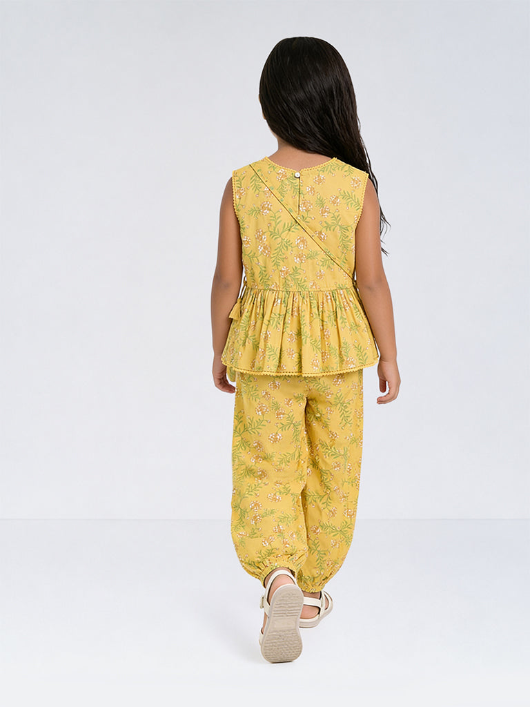 Utsa Kids Girls Yellow Floral Printed Cotton Peplum Top with Bag - (8-14 yrs)