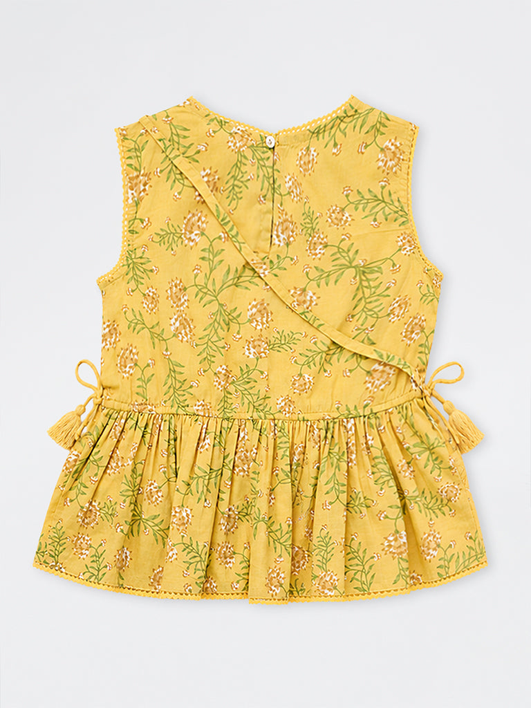 Utsa Kids Girls Yellow Floral Printed Cotton Peplum Top with Bag - (8-14 yrs)