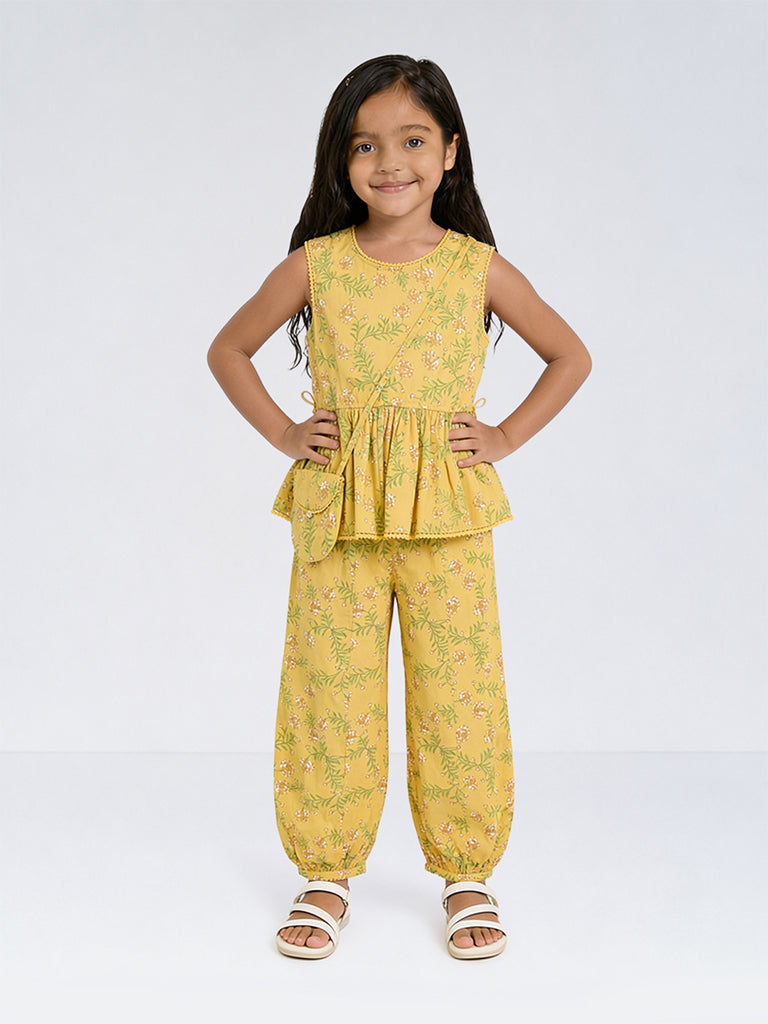 Utsa Kids Girls Yellow Floral Printed Cotton Peplum Top with Bag - (8-14 yrs)