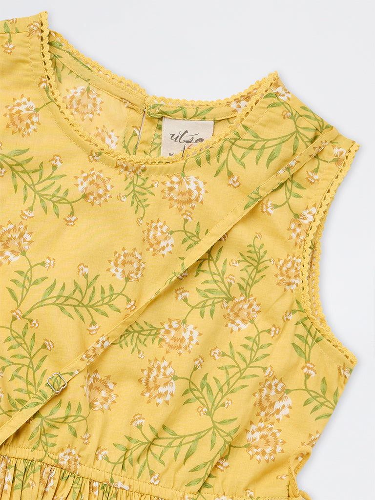Utsa Kids Girls Yellow Floral Printed Cotton Peplum Top with Bag - (8-14 yrs)