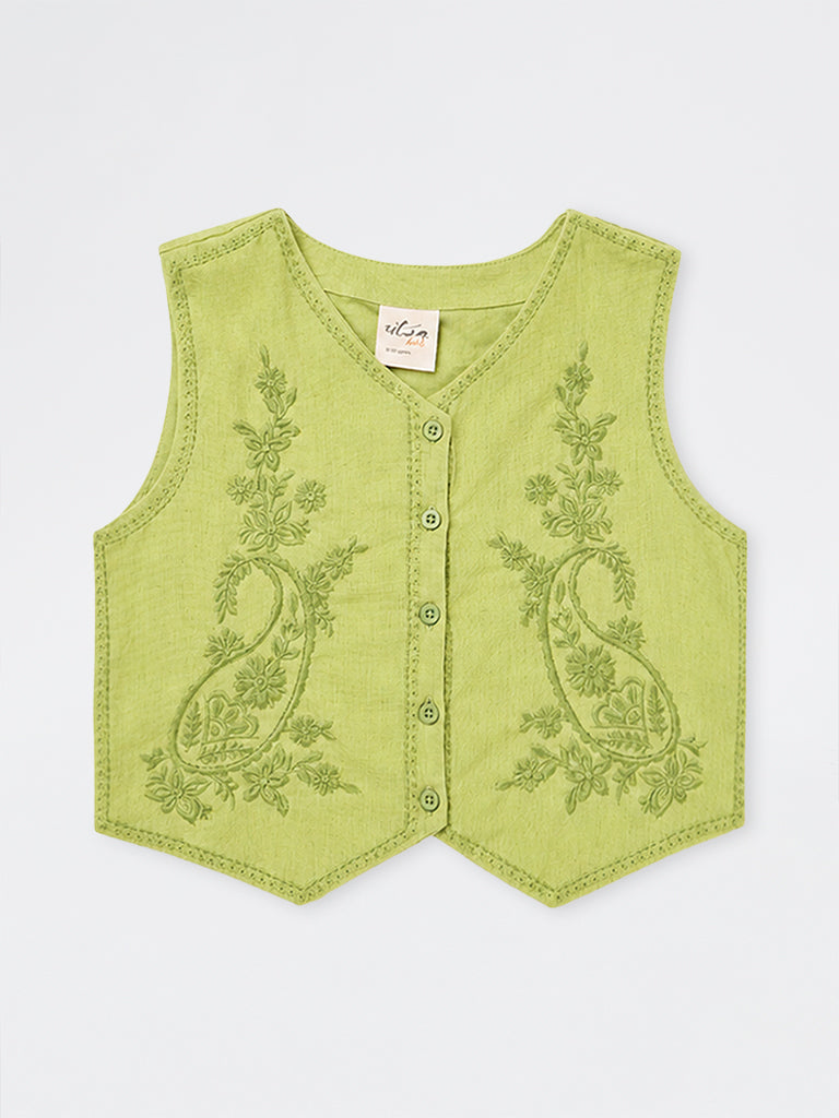 Utsa Kids Girls Green Paisley Embroidered Cotton-Blend Waistcoat (8-14 yrs)
