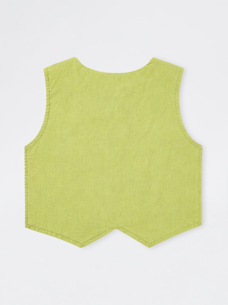 Utsa Kids Girls Green Paisley Embroidered Cotton-Blend Waistcoat (8-14 yrs)
