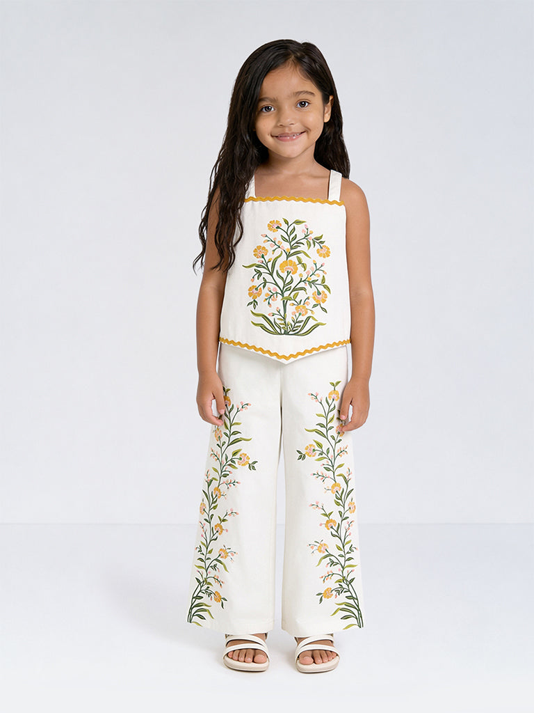 Utsa Kids Girls White Botanical Printed Cotton-Blend Top - (8-14 yrs)
