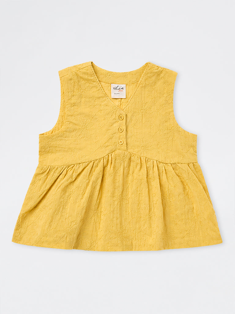 Utsa Kids Girls Yellow Floral Embroidered Cotton Top - (8-14 yrs)