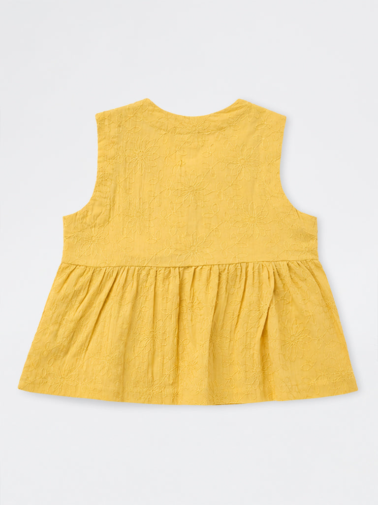 Utsa Kids Girls Yellow Floral Embroidered Cotton Top - (8-14 yrs)
