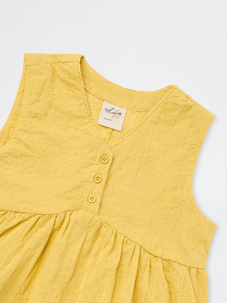 Utsa Kids Girls Yellow Floral Embroidered Cotton Top - (8-14 yrs)
