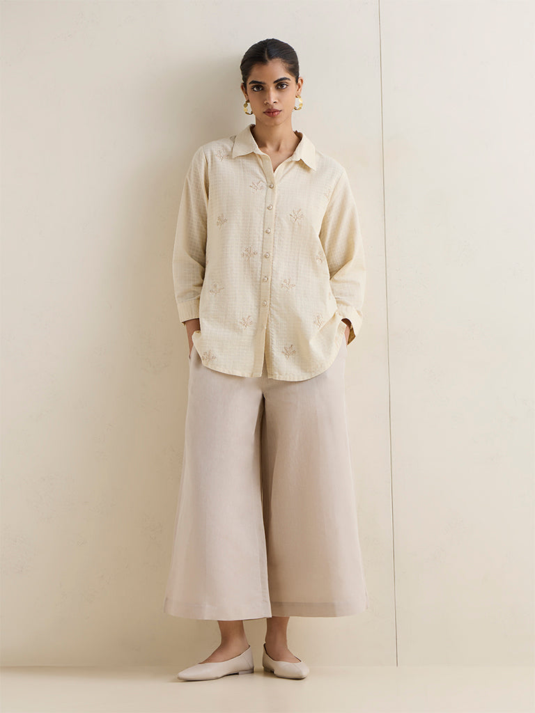 Zuba Beige Floral Embroidered Cotton Tunic