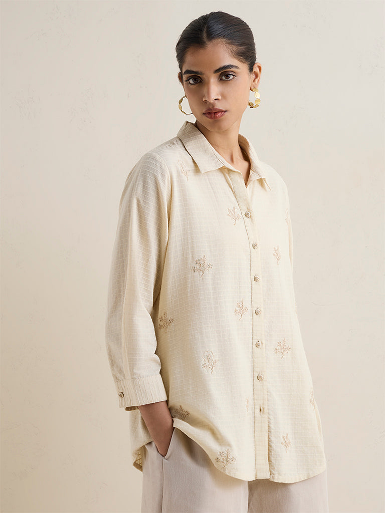 Zuba Beige Floral Embroidered Cotton Tunic