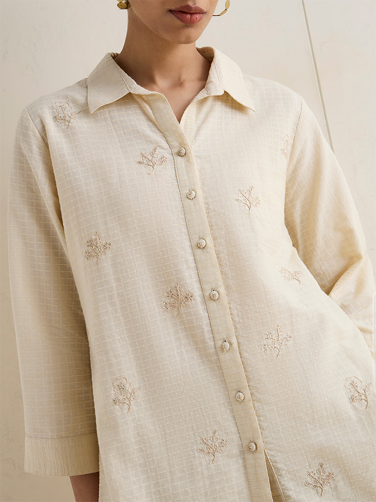 Zuba Beige Floral Embroidered Cotton Tunic