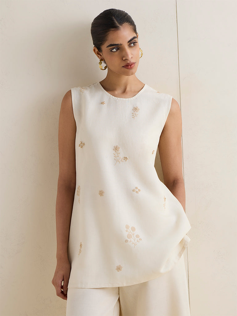 Zuba Ivory Floral Embroidered Linen-Blend Kurti with Shrug
