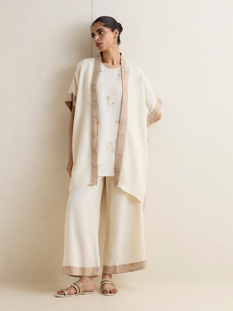 Zuba Ivory Floral Embroidered Linen-Blend Kurti with Shrug