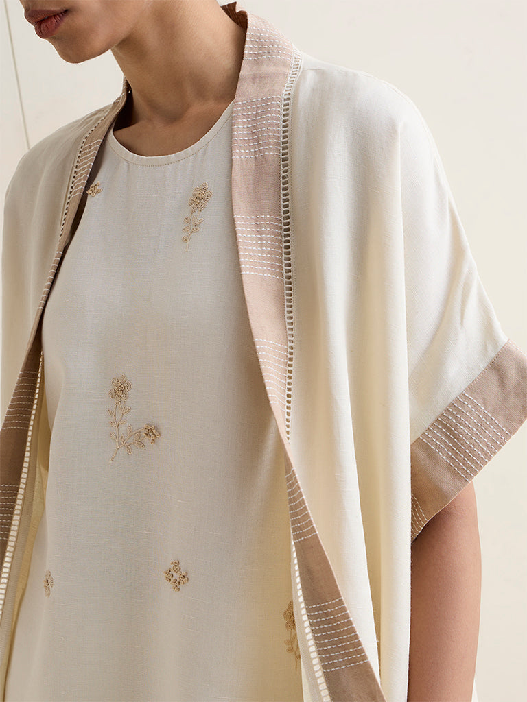 Zuba Ivory Floral Embroidered Linen-Blend Kurti with Shrug