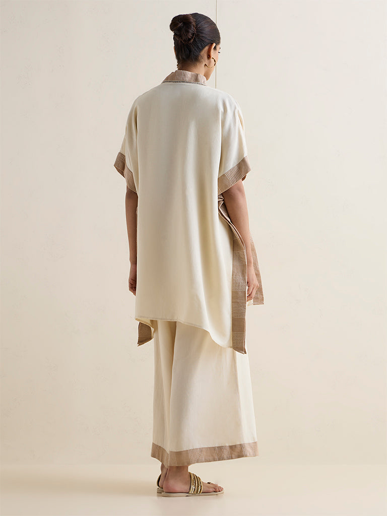 Zuba Ivory Floral Embroidered Linen-Blend Kurti with Shrug