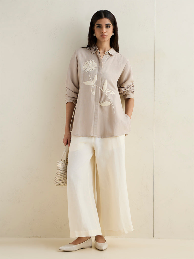 Zuba Beige Floral Embroidered Linen-Blend Tunic