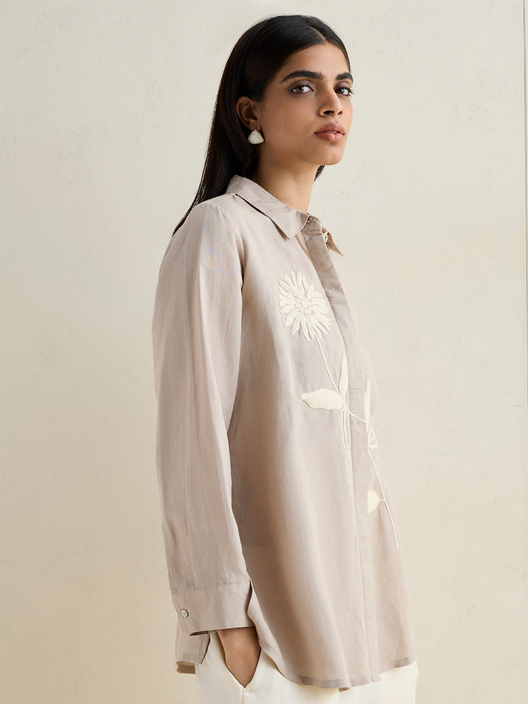Zuba Beige Floral Embroidered Linen-Blend Tunic