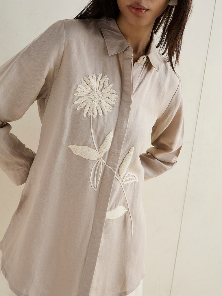 Zuba Beige Floral Embroidered Linen-Blend Tunic