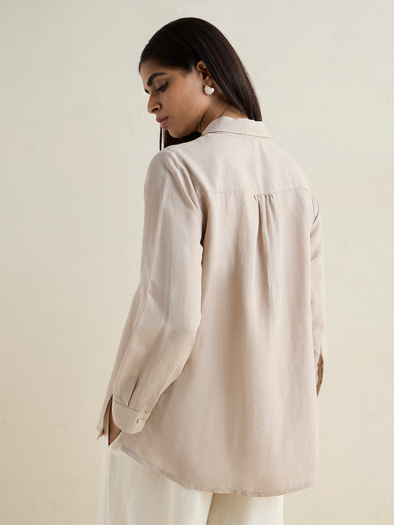 Zuba Beige Floral Embroidered Linen-Blend Tunic