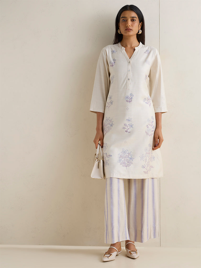 Zuba Off-White Floral Printed Silk-Blend A-Line Kurta