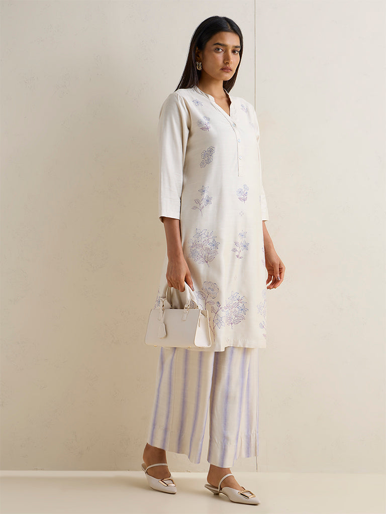 Zuba Off-White Floral Printed Silk-Blend A-Line Kurta