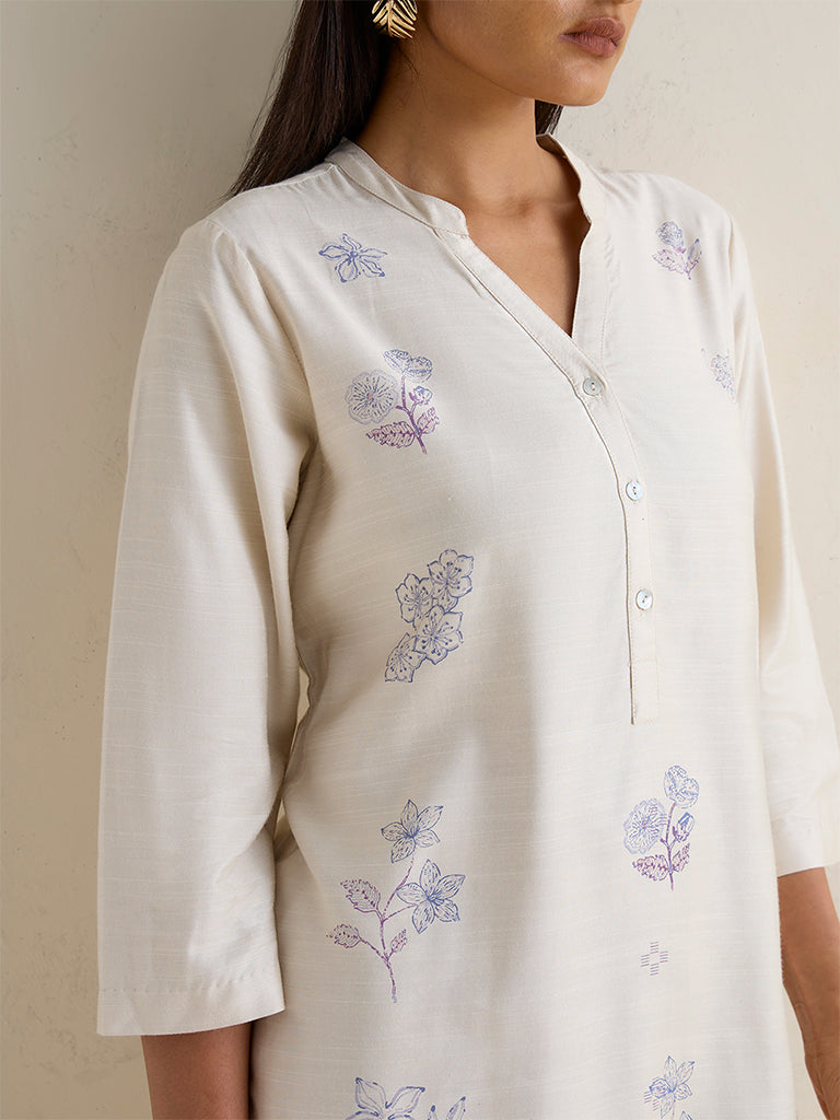 Zuba Off-White Floral Printed Silk-Blend A-Line Kurta
