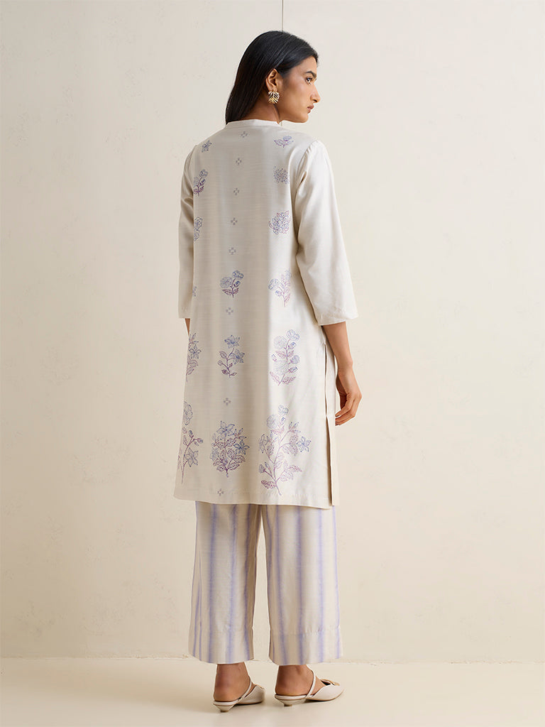 Zuba Off-White Floral Printed Silk-Blend A-Line Kurta