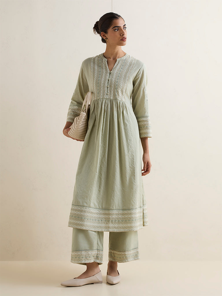 Zuba Sage Embroidered Cotton Anarkali Kurta