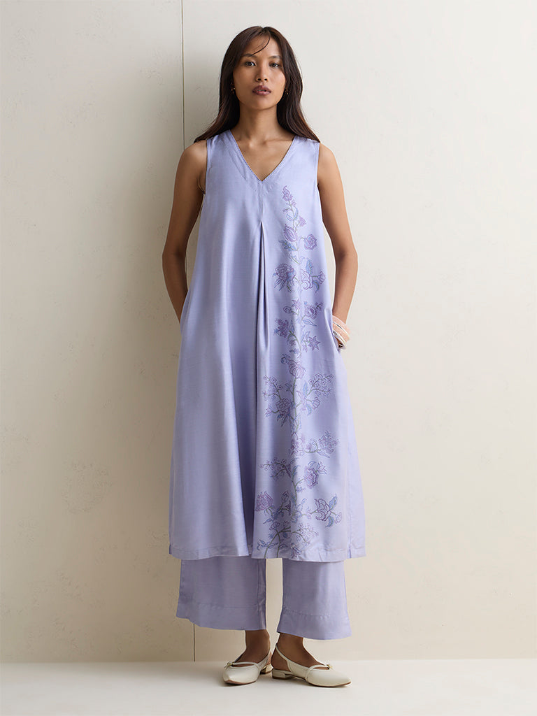 Zuba Lilac Floral Design A-Line Kurta
