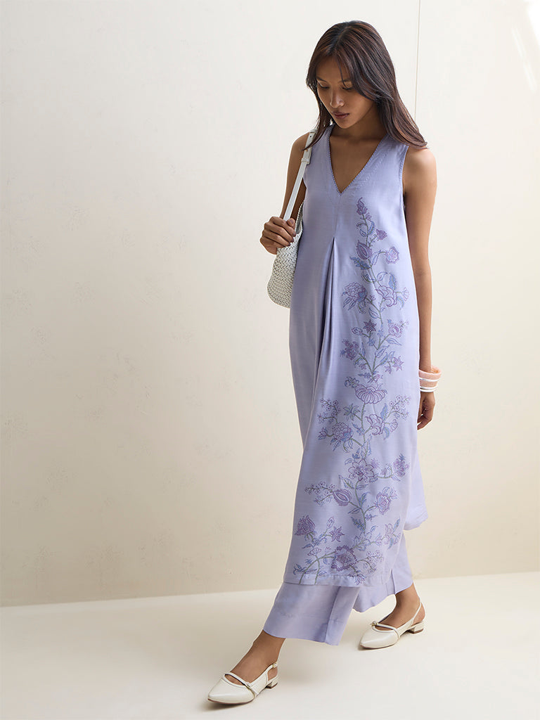 Zuba Lilac Floral Design A-Line Kurta