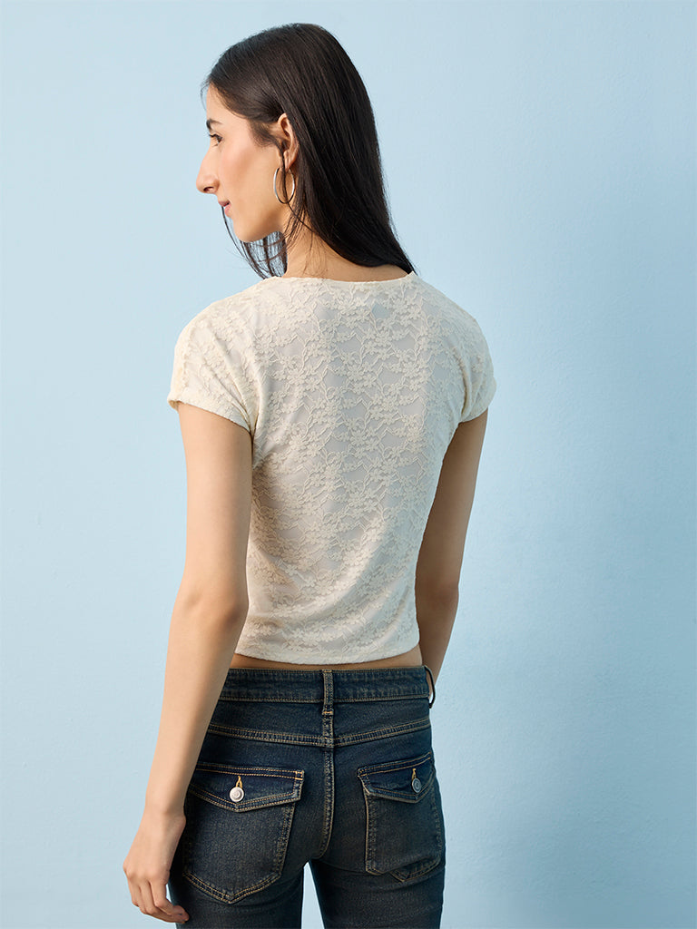 Nuon Off-White Floral Lace Keyhole-Neck Top