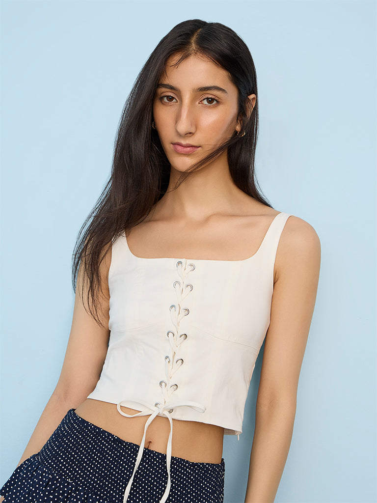 Nuon Off-White Lace-Up Corset Top