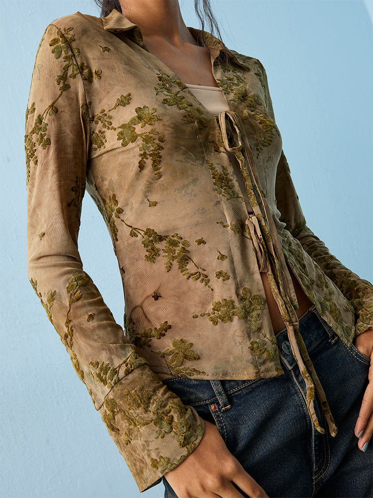 Nuon Olive Botanical Textured Tie-Up Blouse with Inner