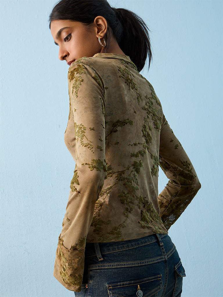 Nuon Olive Botanical Textured Tie-Up Blouse with Inner