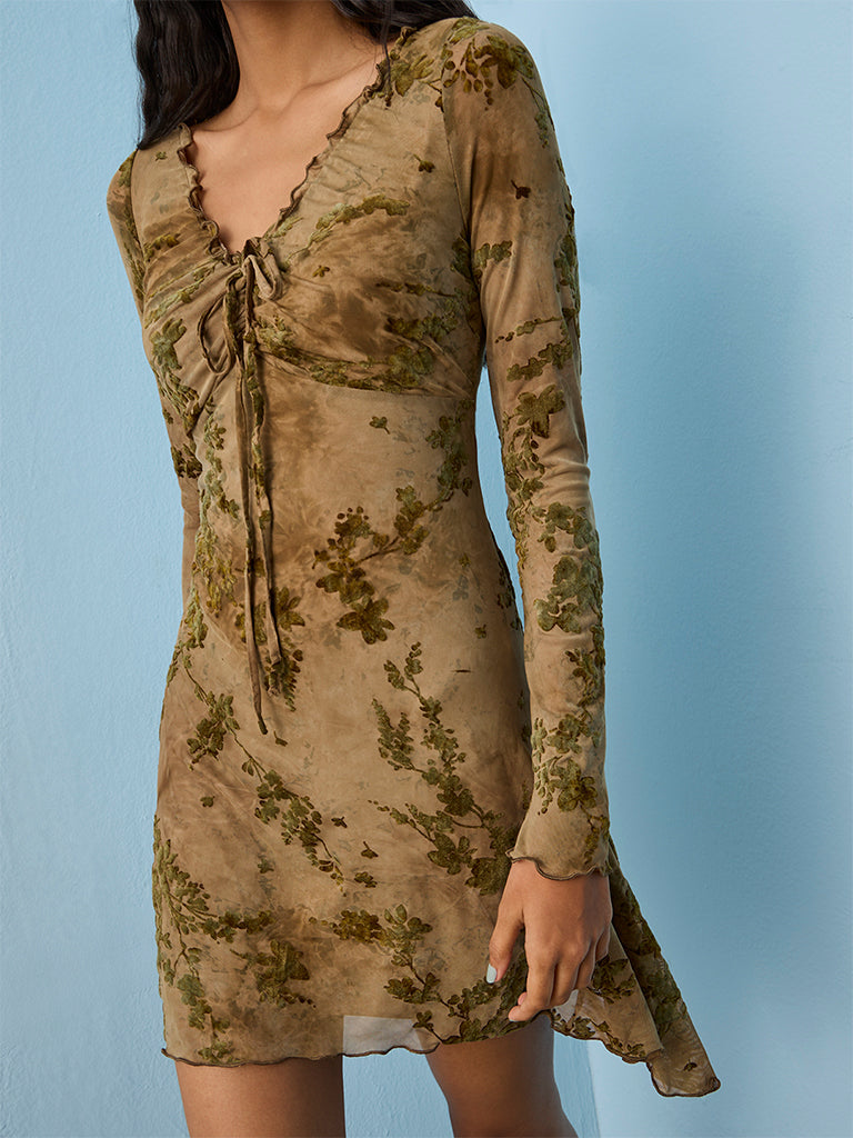 Nuon Olive Floral Pattern A-Line Dress