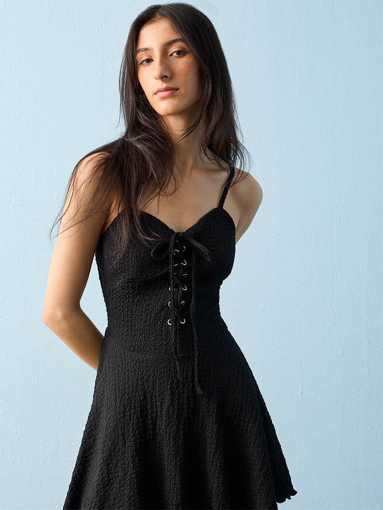 Nuon Black Tie-Up Design A-Line Dress