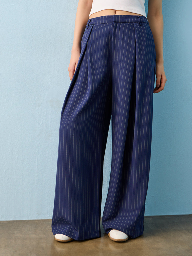 Nuon Navy Pin Striped High-Rise Pants