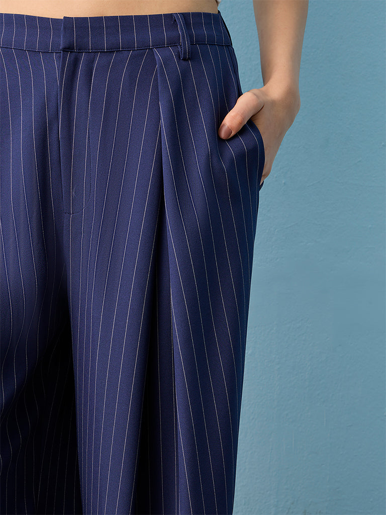 Nuon Navy Pin Striped High-Rise Pants