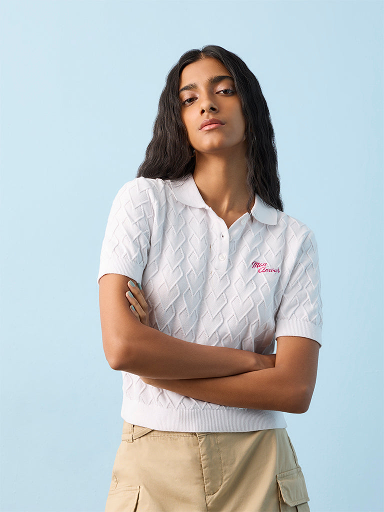 Nuon White Knit-Textured Cotton T-Shirt