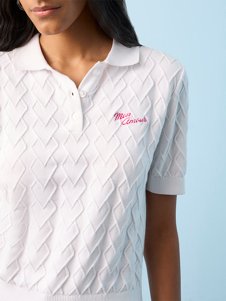 Nuon White Knit-Textured Cotton T-Shirt