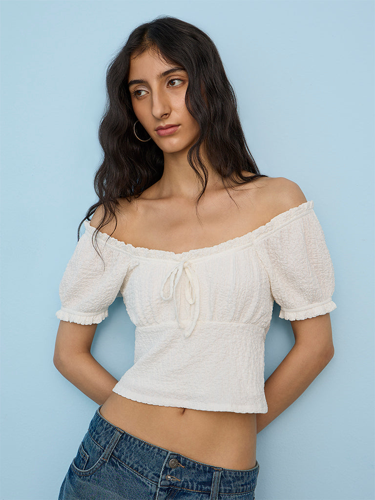 Nuon White Crinkle-Textured Off-Shoulder Top