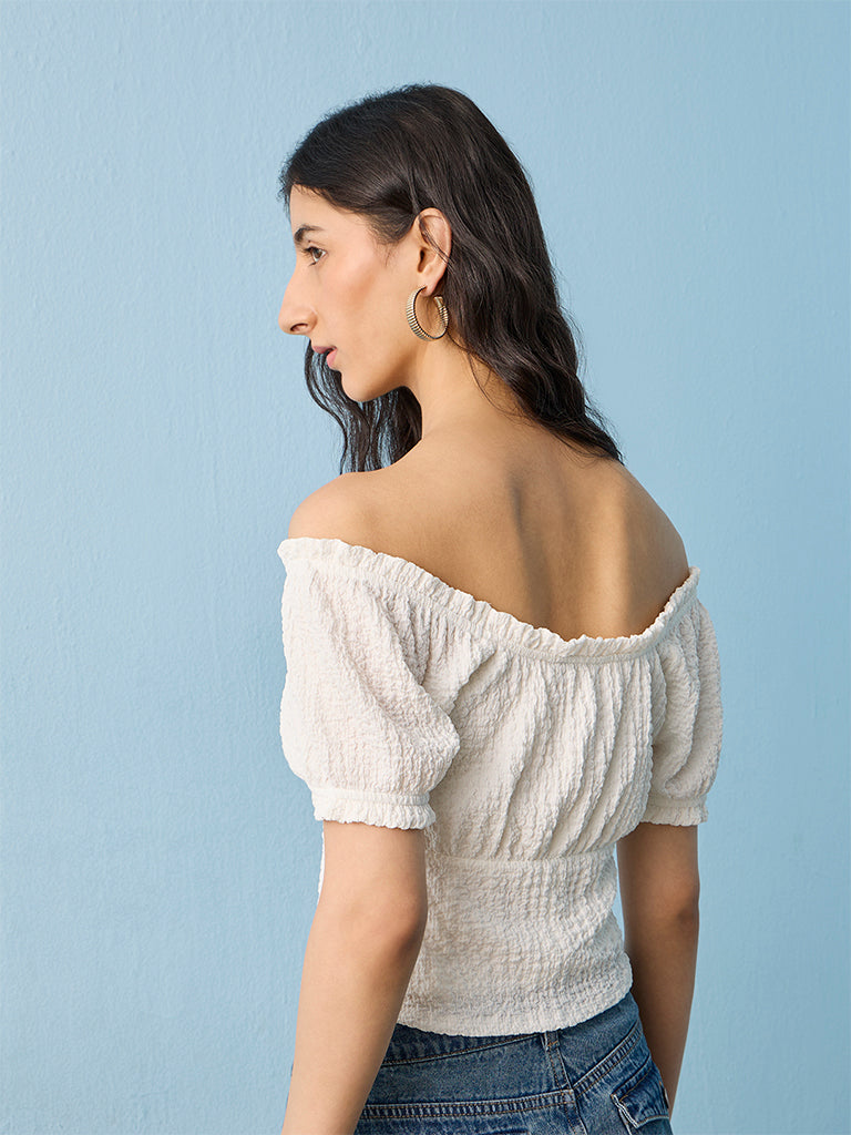 Nuon White Crinkle-Textured Off-Shoulder Top