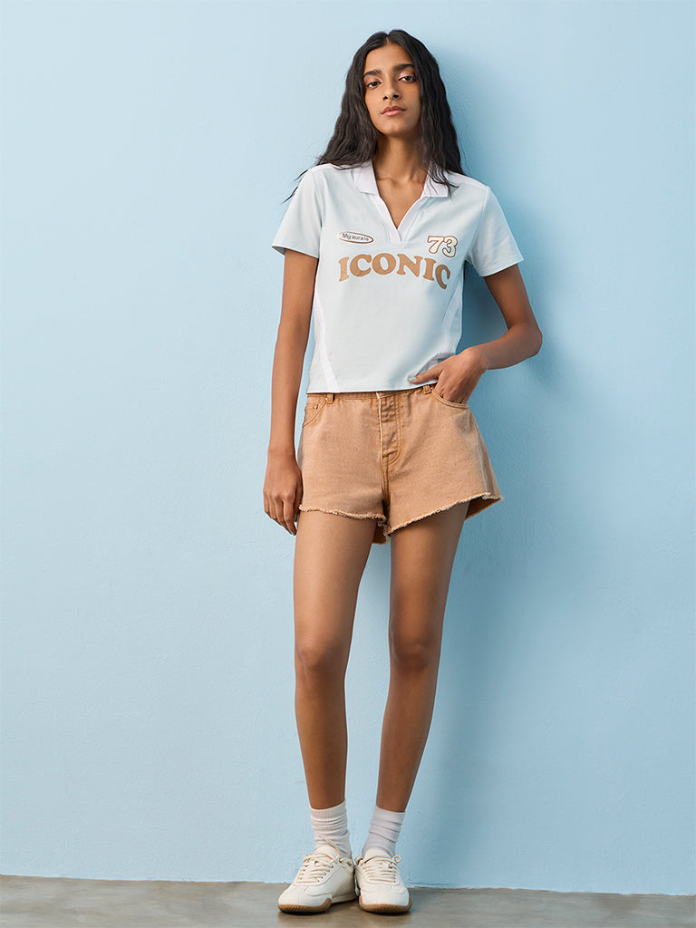 Nuon Light Blue Text Design Cotton-Blend T-Shirt
