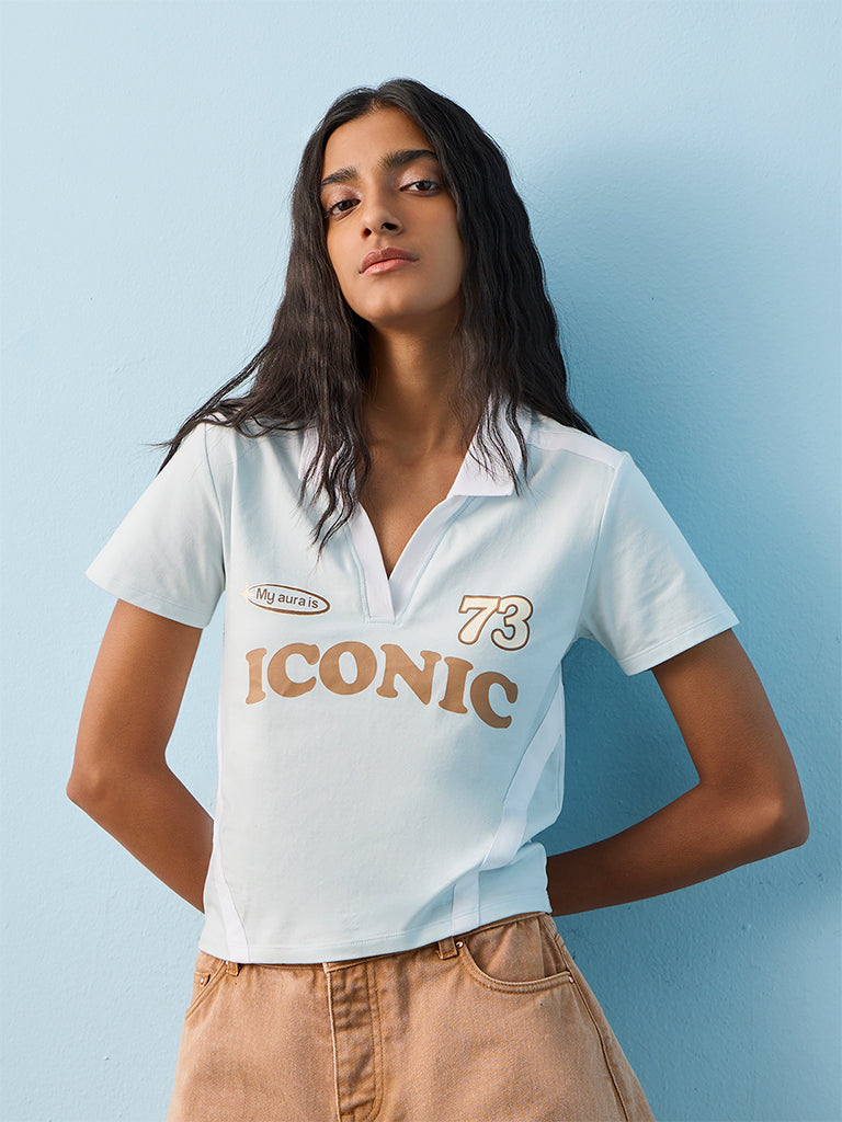 Nuon Light Blue Text Design Cotton-Blend T-Shirt