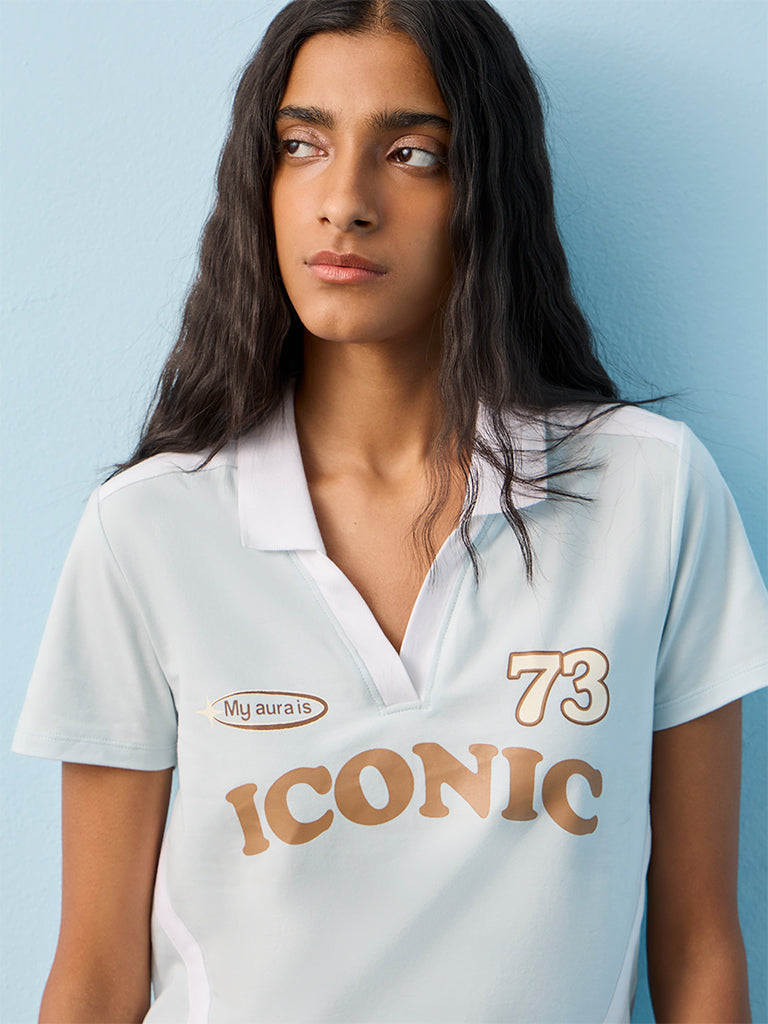 Nuon Light Blue Text Design Cotton-Blend T-Shirt