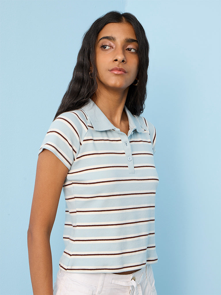 Nuon Light Blue Striped Cotton-Blend Polo T-Shirt