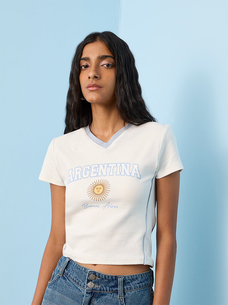 Nuon White Graphic Printed Cotton-Blend T-Shirt