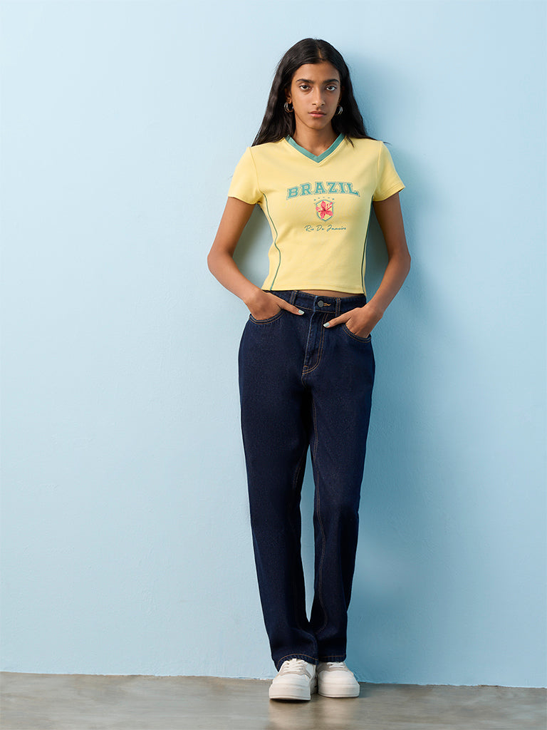 Nuon Yellow Graphic Printed Cotton-Blend T-Shirt