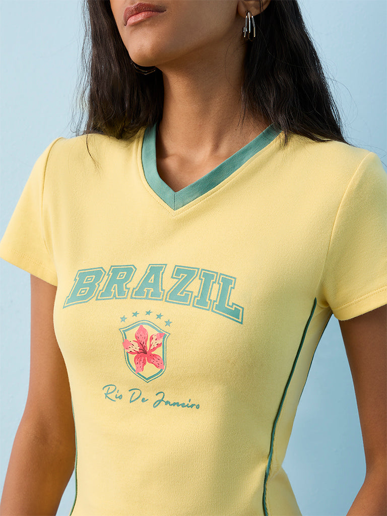 Nuon Yellow Graphic Printed Cotton-Blend T-Shirt